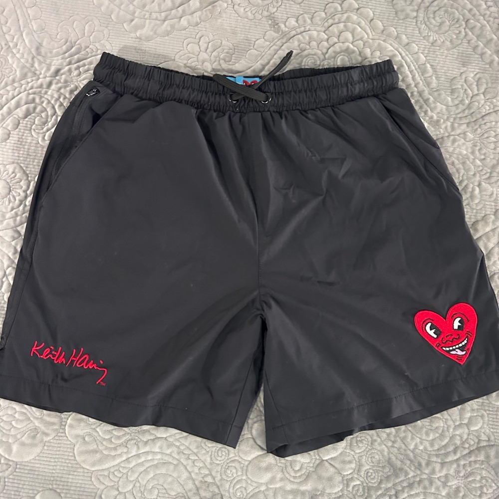 Keith Haring Mens Black Embroidered Smiling Heart Mesh Lined Swim Trunks Medium